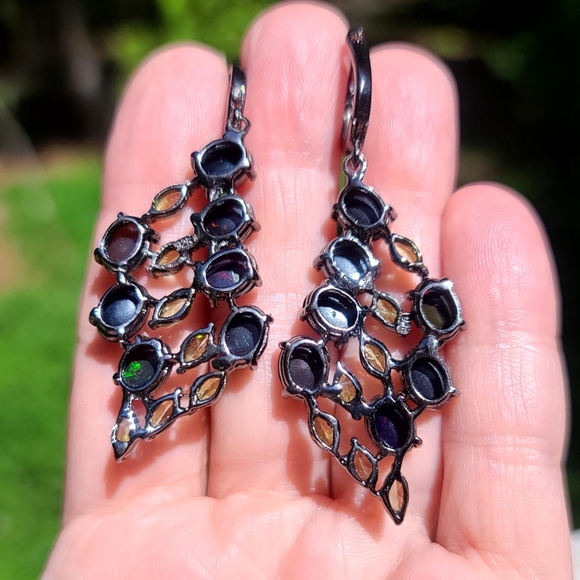 Black Opal & Peridot sterling & Rhodium chandelier earrings - Picture 12 of 13